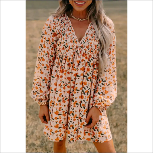 Beige Floral Smocked Dress: Twirl Into Trouble with Needful Things 😉 - s - Short Dresses on Sale Worldwide Shipping