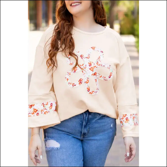 Beige Flower Patched Top: Because Adulting is Hard Enough 🌼 (needful Things) - 1x - Plus Size Tops on Sale Worldwide Shipping