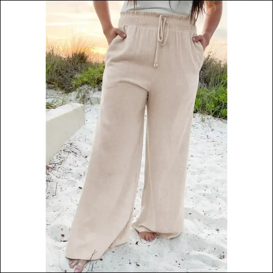 Beige Frill Smocked Pants: Needful Things Goddess Trousers - 1x - Pants on Sale Worldwide Shipping