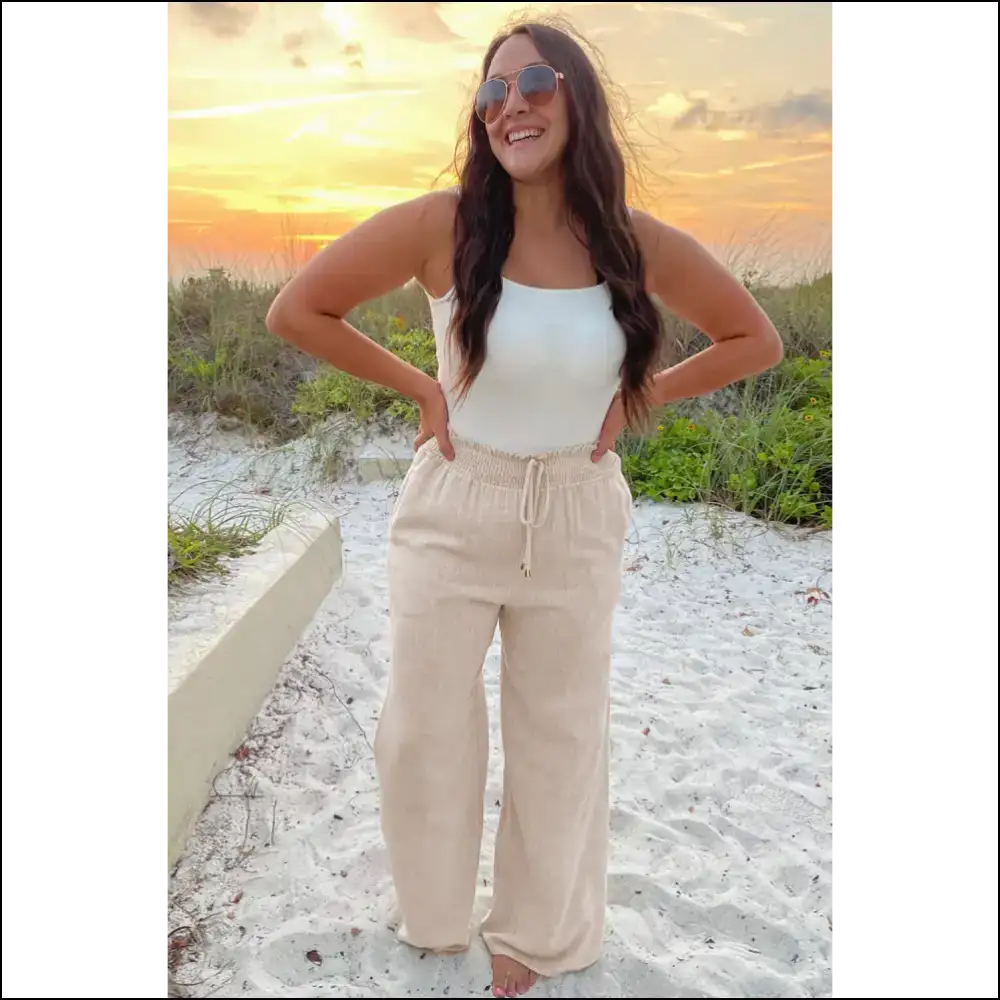 Beige Frill Smocked Pants: Needful Things Goddess Trousers - Pants on Sale Worldwide Shipping