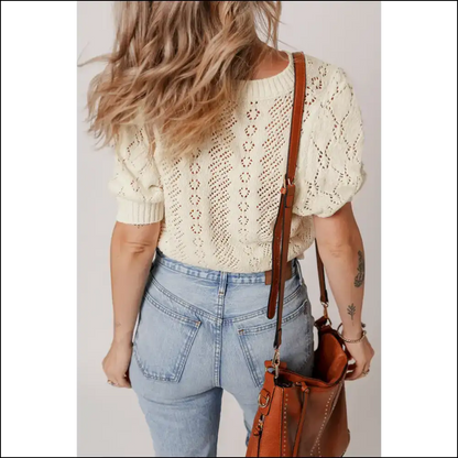 Beige Hollowed Knit Puff Sleeve Top: your Existential Knit-mare 🤣 Needful Things - Tops on Sale Worldwide Shipping