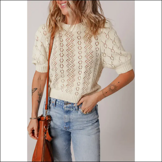 Beige Hollowed Knit Puff Sleeve Top: your Existential Knit-mare 🤣 Needful Things - s - Tops on Sale Worldwide Shipping