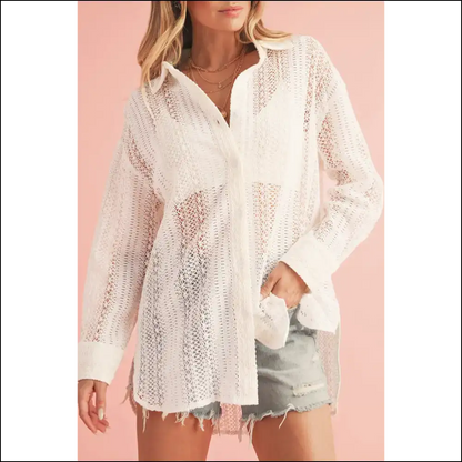 Beige Lace Crochet Oversized: Feeling but Looking Boujee 💅 - s - Long Sleeve Tops Shirts & on Sale Worldwide Shipping