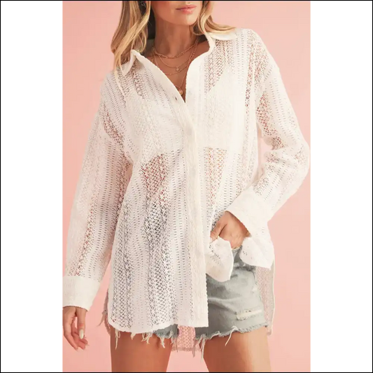 Beige Lace Crochet Oversized: Feeling but Looking Boujee 💅 - s - Long Sleeve Tops Shirts & on Sale Worldwide Shipping