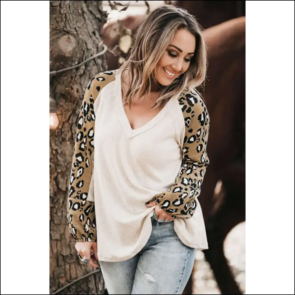 Beige Leopard Contrast Long Sleeve: Roar-some in Every Size 🐆 - Plus Tops on Sale Worldwide Shipping
