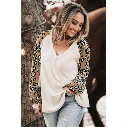 Beige Leopard Contrast Long Sleeve: Roar-some in Every Size 🐆 - Plus Tops on Sale Worldwide Shipping