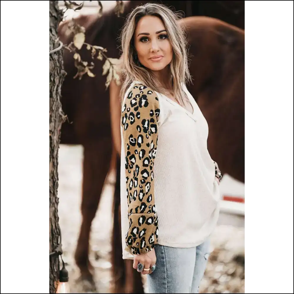 Beige Leopard Contrast Long Sleeve: Roar-some in Every Size 🐆 - Plus Tops on Sale Worldwide Shipping