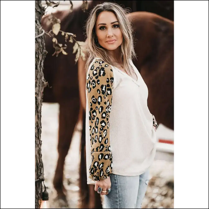 Beige Leopard Contrast Long Sleeve: Roar-some in Every Size 🐆 - Plus Tops on Sale Worldwide Shipping