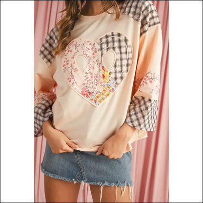 Beige Plaid Floral Heart Long Sleeve: Huggable Horror from Needful Things 😈 - s - Sleeve Tops Shirts & on Sale Worldwide Shipping