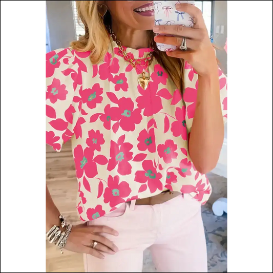 Beige Puff Sleeve Floral Blouse: Frills Thrills and Zero Chill 🌼 - Rose / s - Blouses on Sale Worldwide Shipping