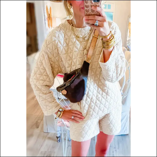 Beige Quilted Long Sleeve Set: so Cozy Youll Hibernate! 🐻 Needful Things - s - Two Piece Shorts Sets on Sale Worldwide Shipping