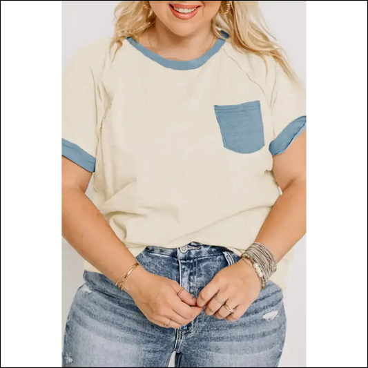 Beige Raw Seam Needful Things Top: Curves 💅 - 1x - Plus Size Tops on Sale Worldwide Shipping