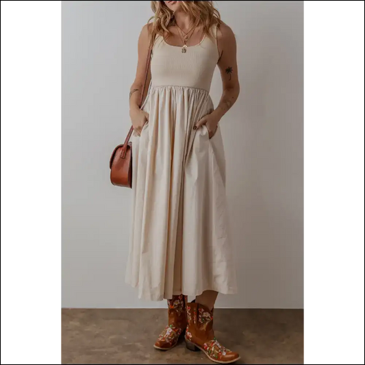 Beige Scoop Neck Ribbed Midi: your Chic Goddess 👑 from Needful Things! - s - Midi Dresses on Sale Worldwide Shipping