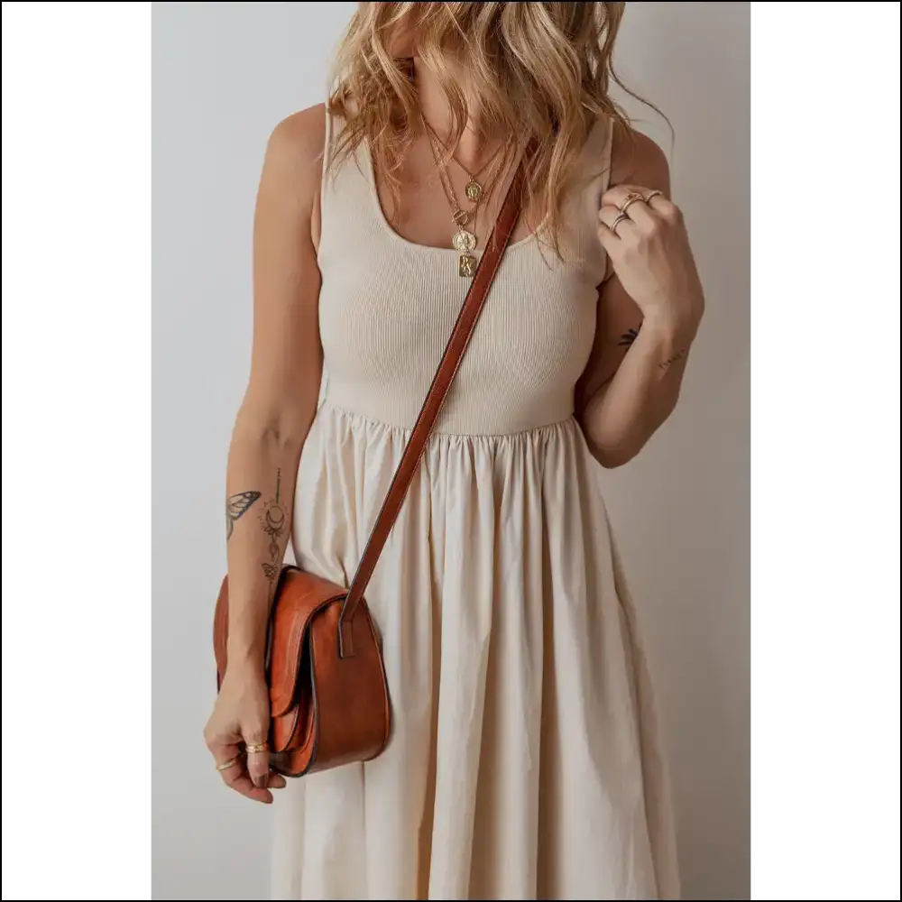 Beige Scoop Neck Ribbed Midi: your Chic Goddess 👑 from Needful Things! - Midi Dresses on Sale Worldwide Shipping