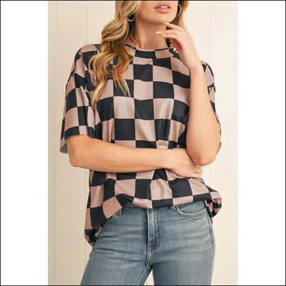 Beige Two Tone Checkered Tee: Rom-com Ready - Light French / s - t Shirts on Sale Worldwide Shipping