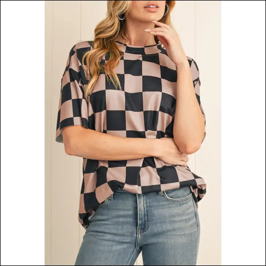 Beige Two Tone Checkered Tee: Rom-com Ready - Light French / s - t Shirts on Sale Worldwide Shipping