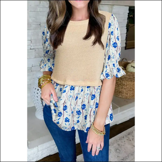 Beige Wfle Floral Patchwork Peplum: so Hot it Hurts 💔 - s - Blouses on Sale Worldwide Shipping