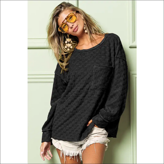 Bibi Checkered Round Neck Exposed Seam Top - Black / m - Sweatshirts & Hoodies on Sale Worldwide Shipping