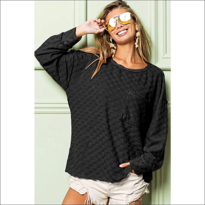 Bibi Checkered Round Neck Exposed Seam Top - Sweatshirts & Hoodies on Sale Worldwide Shipping