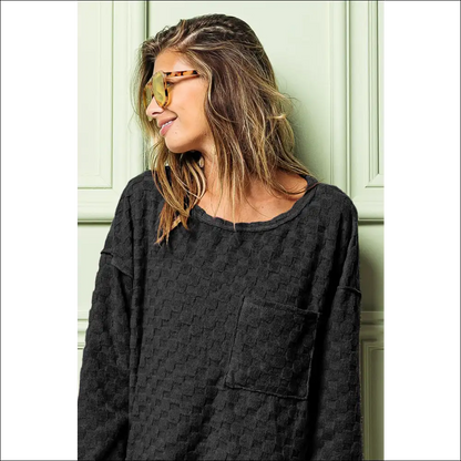 Bibi Checkered Round Neck Exposed Seam Top - Sweatshirts & Hoodies on Sale Worldwide Shipping
