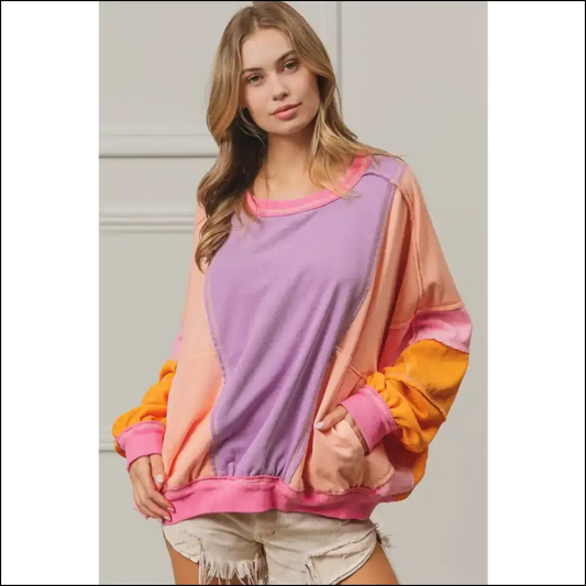 Bibi Color Block Exposed Seam Sweatshirt with Pockets - Lavender / s - Sweatshirts & Hoodies on Sale Worldwide Shipping