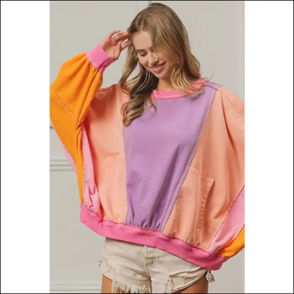 Bibi Color Block Exposed Seam Sweatshirt with Pockets - Sweatshirts & Hoodies on Sale Worldwide Shipping