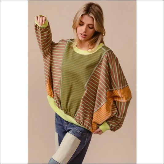 Bibi Color Block Striped Sweatshirt – Trendy & Chic - Gum Leaf / s - Sweatshirts Hoodies on Sale Worldwide Shipping