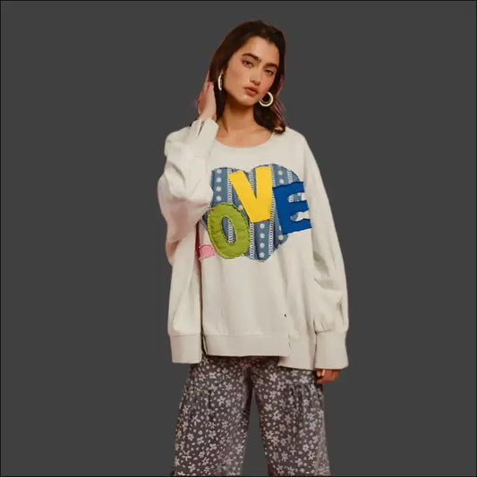Bibi Love Heart Patch Slit Sweatshirt - Light Gray / s - Sweatshirts & Hoodies on Sale Worldwide Shipping