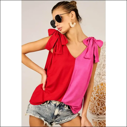 Bibi Shoulder Ribbon Tied Contrast Tank - Fuchsia / s - Tops on Sale Worldwide Shipping