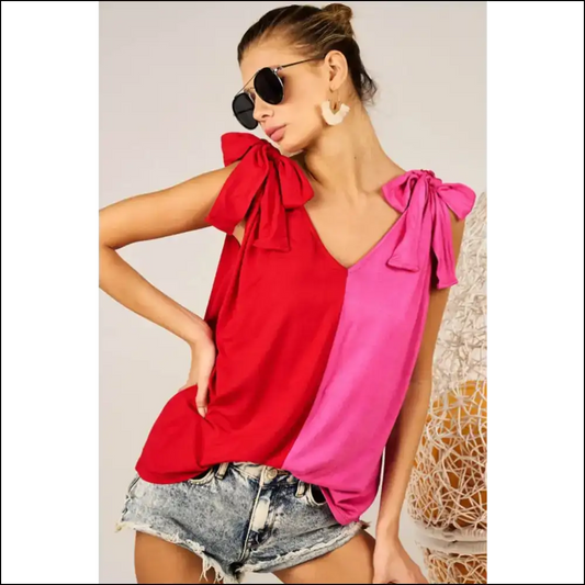 Bibi Shoulder Ribbon Tied Contrast Tank - Fuchsia / s - Tops on Sale Worldwide Shipping