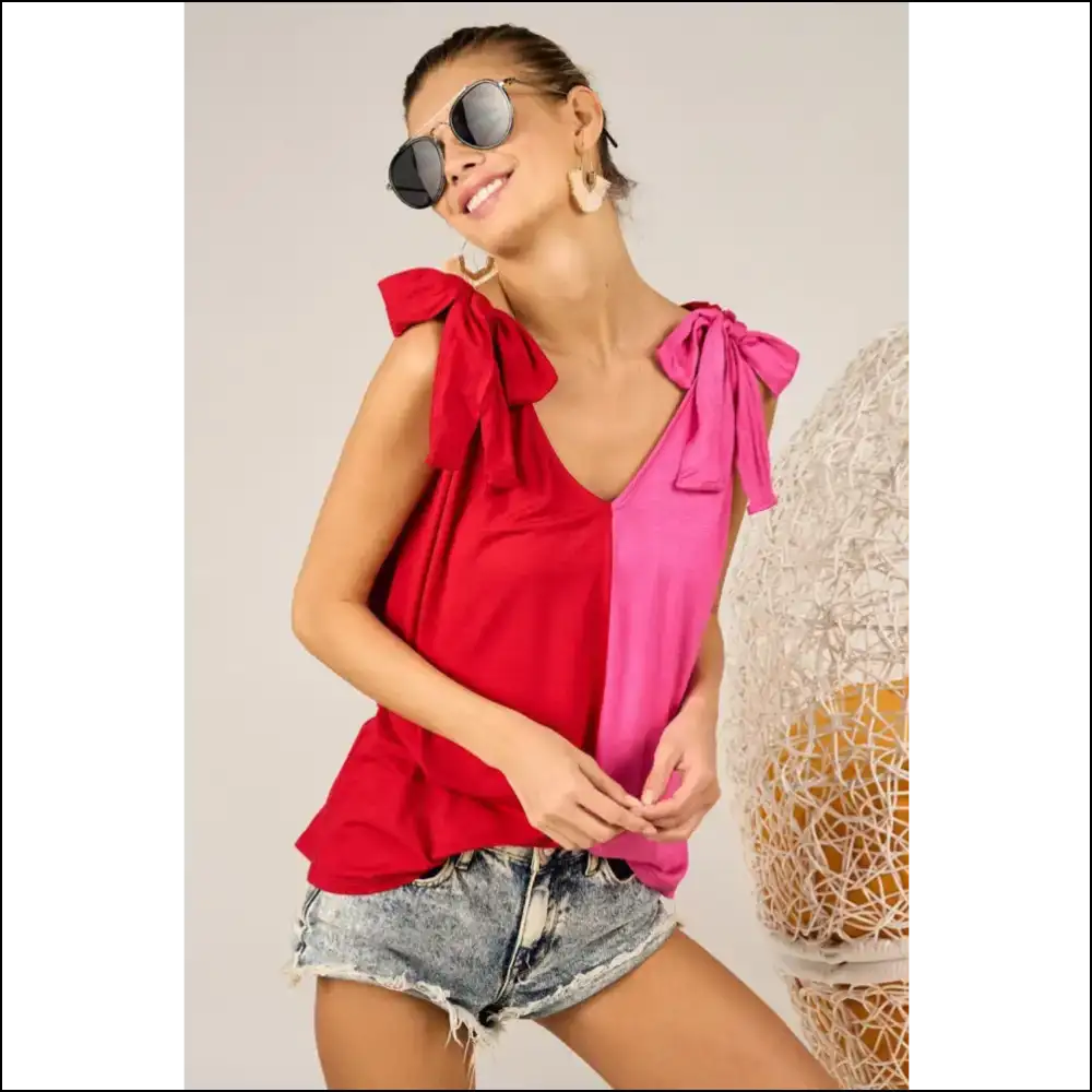 Bibi Shoulder Ribbon Tied Contrast Tank - Tops on Sale Worldwide Shipping