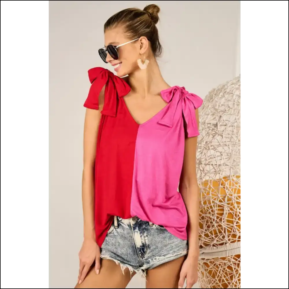 Bibi Shoulder Ribbon Tied Contrast Tank - Tops on Sale Worldwide Shipping