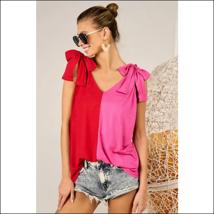 Bibi Shoulder Ribbon Tied Contrast Tank - Tops on Sale Worldwide Shipping