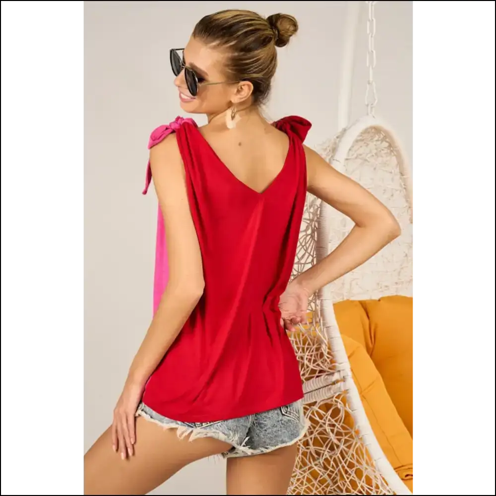 Bibi Shoulder Ribbon Tied Contrast Tank - Tops on Sale Worldwide Shipping