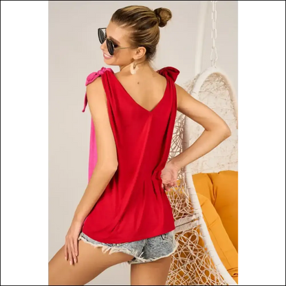 Bibi Shoulder Ribbon Tied Contrast Tank - Tops on Sale Worldwide Shipping