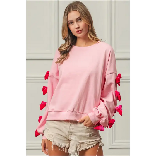 Bibi Velvet Ribbon Bows Long Sleeve Sweatshirt - Pink / s - Sweatshirts & Hoodies on Sale Worldwide Shipping