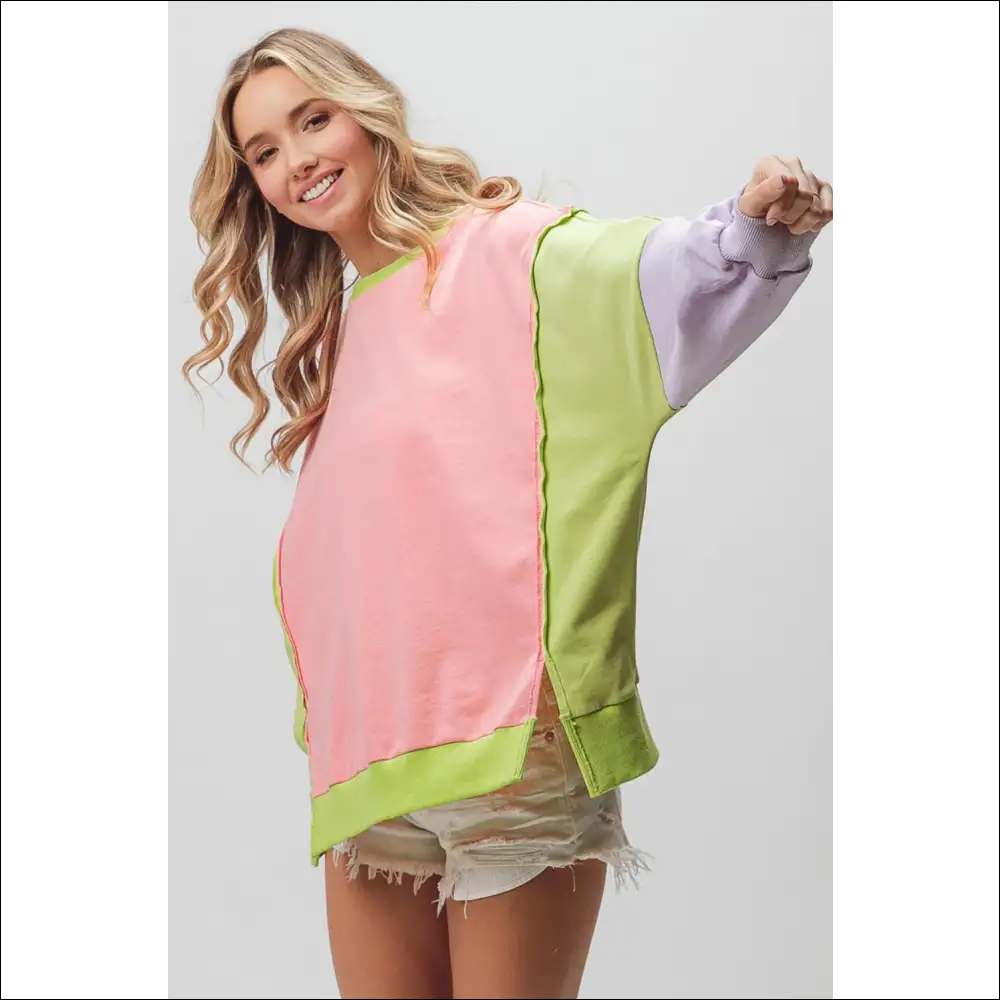 Bibi Washed Color Block Sweatshirt - Sweatshirts & Hoodies on Sale Worldwide Shipping