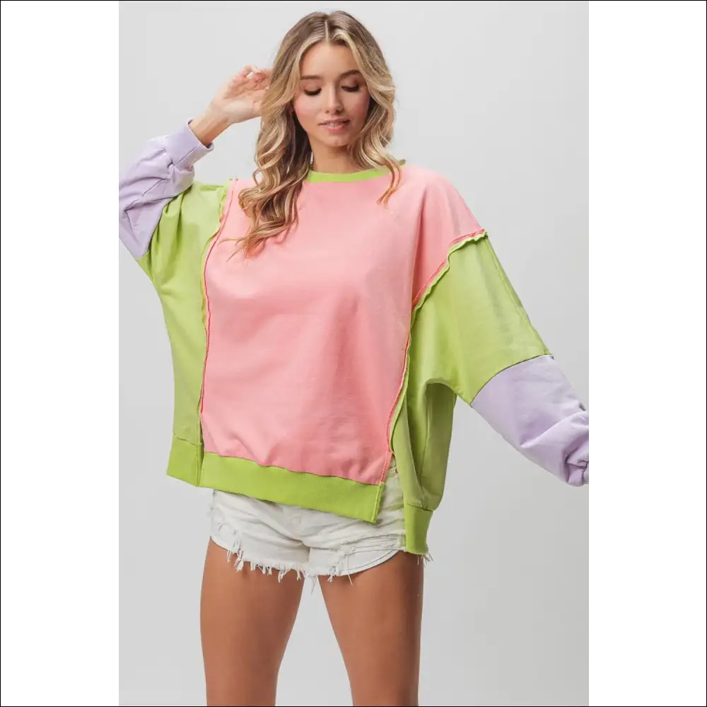 Bibi Washed Color Block Sweatshirt - Pink / s - Sweatshirts & Hoodies on Sale Worldwide Shipping