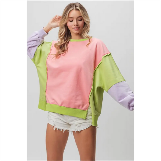 Bibi Washed Color Block Sweatshirt - Pink / s - Sweatshirts & Hoodies on Sale Worldwide Shipping