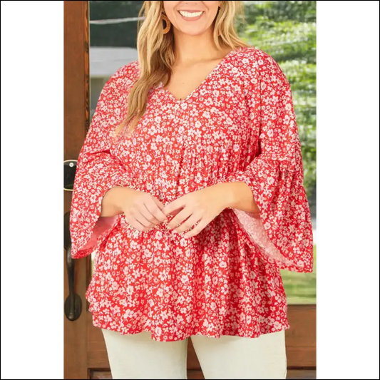 Big Bloom Boom: Plus Size Floral Blouse! Red / 1x - Tops on Sale Worldwide Shipping