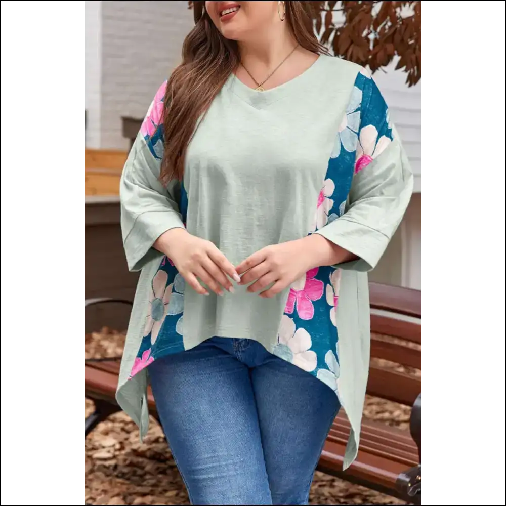 Big Bloom Energy: Plus Size Flower Patchwork Top 🌼 - Green / 1x - Tops on Sale Worldwide Shipping