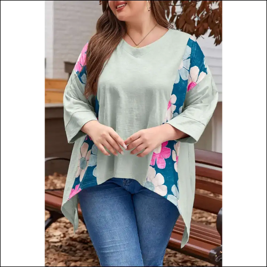 Big Bloom Energy: Plus Size Flower Patchwork Top 🌼 - Green / 1x - Tops on Sale Worldwide Shipping