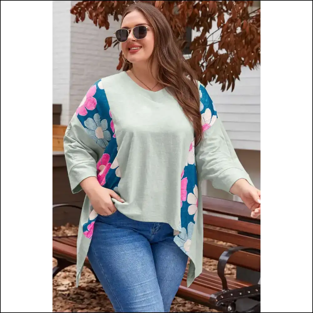 Big Bloom Energy: Plus Size Flower Patchwork Top 🌼 - Tops on Sale Worldwide Shipping