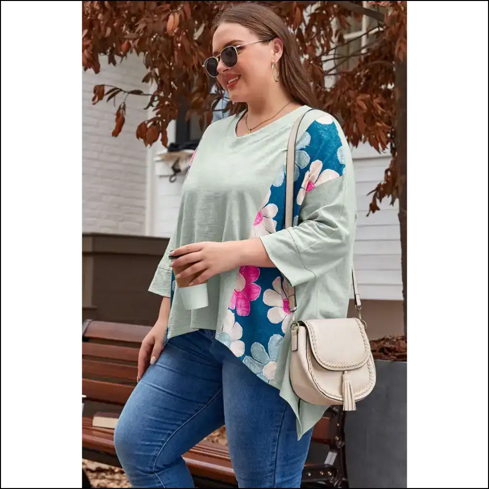 Big Bloom Energy: Plus Size Flower Patchwork Top 🌼 - Tops on Sale Worldwide Shipping