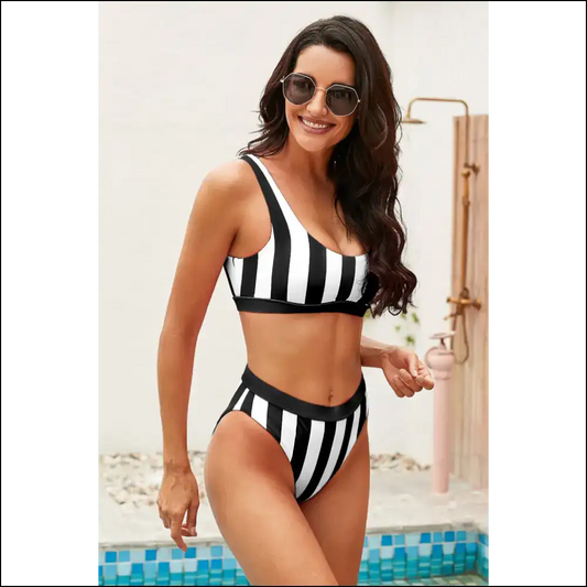 Bikini Set Bliss: Strut your Stuff in Retro Striped High Waist Style 😎🌊 - Black / l - Sets on Sale Worldwide Shipping