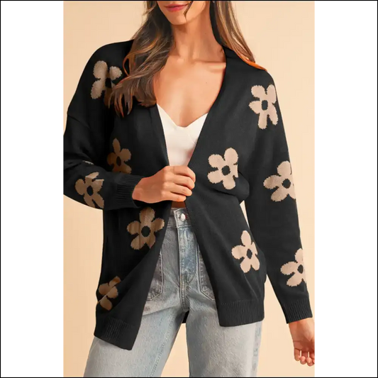 Black 60s Vintage Flower Drop Shoulder Cardigan: Needful Things 🌼 - s - Cardigans on Sale Worldwide Shipping