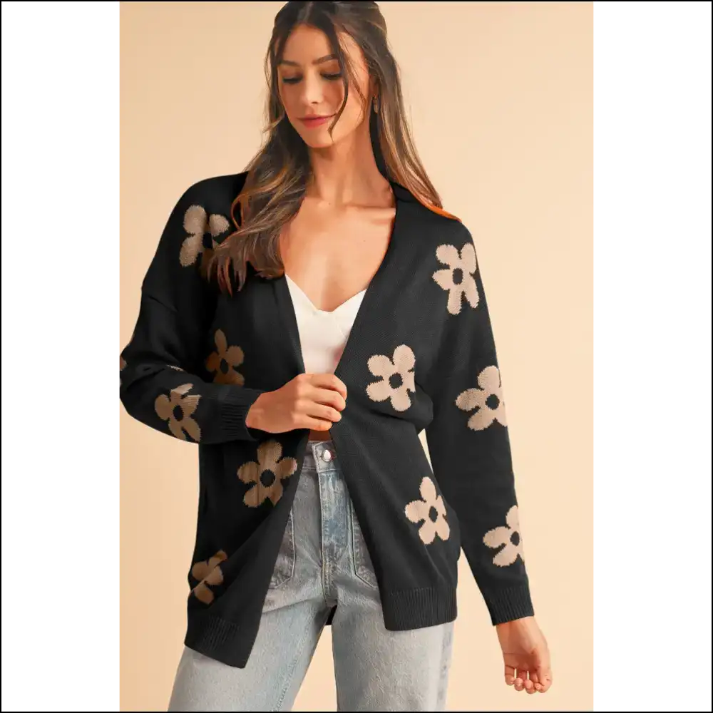 Black 60s Vintage Flower Drop Shoulder Cardigan: Needful Things 🌼 - Cardigans on Sale Worldwide Shipping