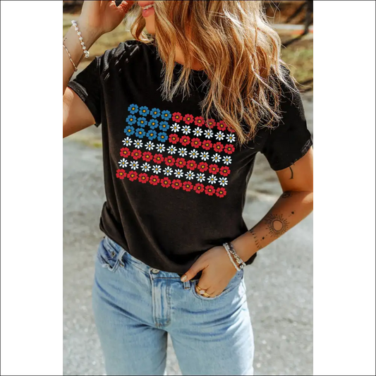 Black American Flag Floral Graphic Tee - s - Tees t Shirts on Sale Worldwide Shipping