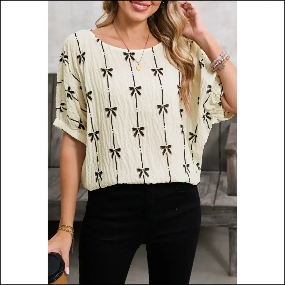 Black Bow Print Puff Sleeve Blouse: Dangerously Cute 🖤 - Beige / s - Blouses on Sale Worldwide Shipping
