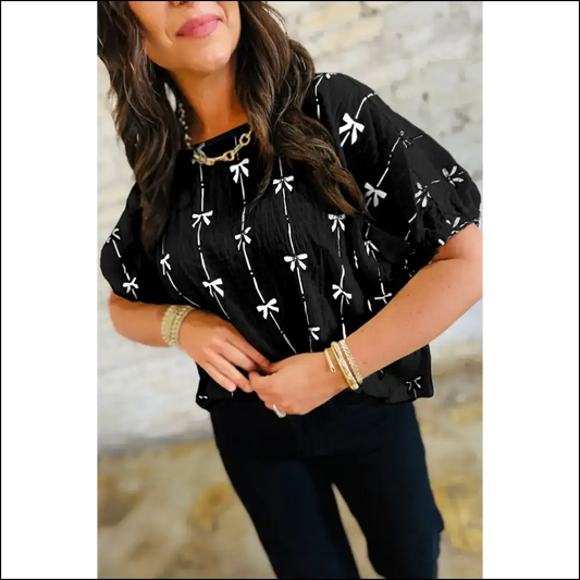 Black Bow Print Puff Sleeve Blouse: Dangerously Cute 🖤 - s - Blouses on Sale Worldwide Shipping